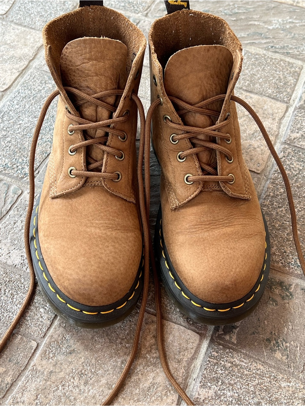 Dr. Martens Brown Leather Lace-Up Boots with Yellow Stitching